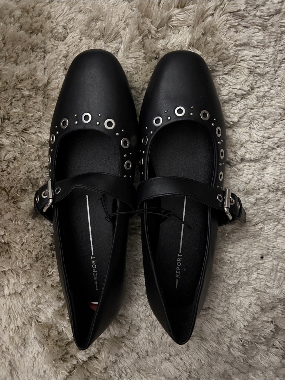 Report Black Mary Jane Flats with Silver Grommet Accent